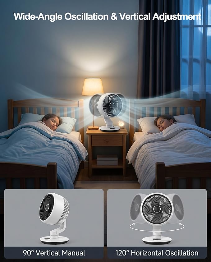 Desk Fan for Office, Rechargeable Air Circulator Fan for Bedroom Cooling, Ultra Quiet Battery Powered Table Fan, 5 Speeds, 9H Timer & 120°Oscillating Smart Portable Fan for Dorm, Home, Kitchen