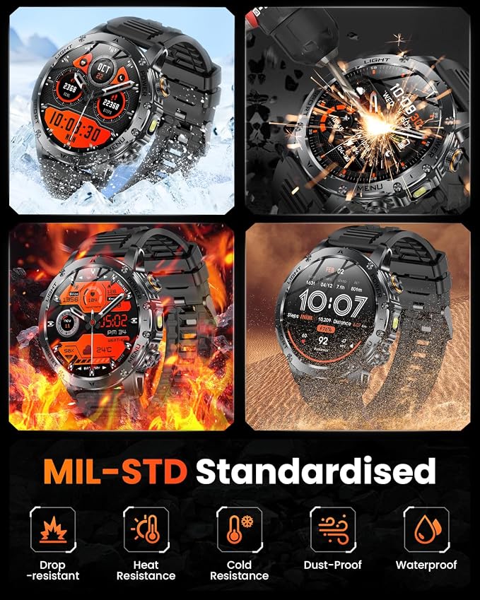 Military Smart Watches for Men (Answer/Make Calls), Smart Watch with 100-Days Extra-Long Battery, IP68 Waterproof, Heart Rate/Sleep Monitor 100+ Sport Modes 1.7″ Fitness Watch for Android/iPhone