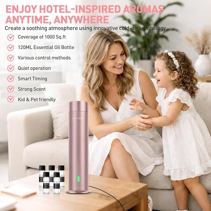 Waterless Scent Diffuser Starter Kit - 1000 Sq Ft Coverage, Hotel Scent Diffuser, Essential Oil Diffuser for Home & Large Room, Included 5 Scent Oils, Remote Control, Rosepink, 11In