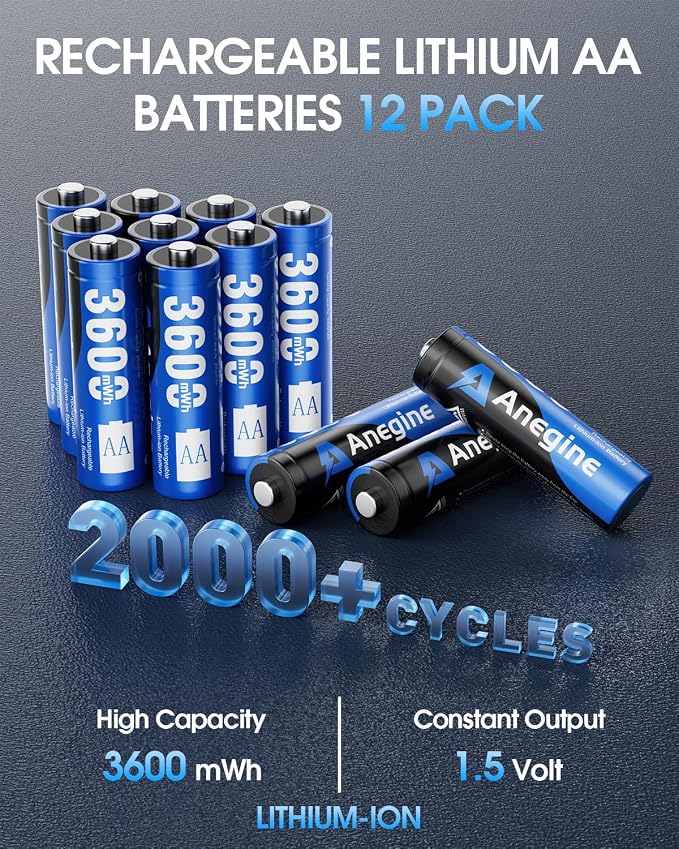 anegine Rechargeable AA Lithium Batteries with 12-Slot Charger, 12-Pack 1.5V 3600mWh Li-ion, 2000+ Cycles, Double A Batteries for Blink Outdoor Camera, Blue