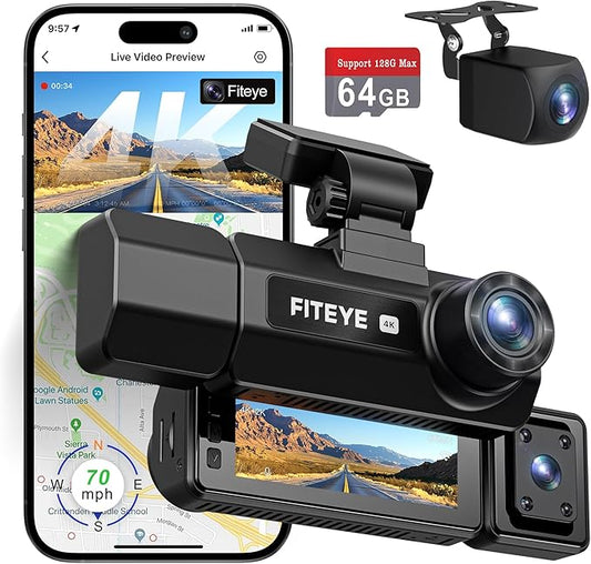 3 Channel Dash Cam with WiFi GPS, 4K+2K Front and Inside, 2K+1080P+1080P Front and Rear Inside Dash Camera for Cars, Free 64GB Card, Night Vision, Intelligent Voice Control