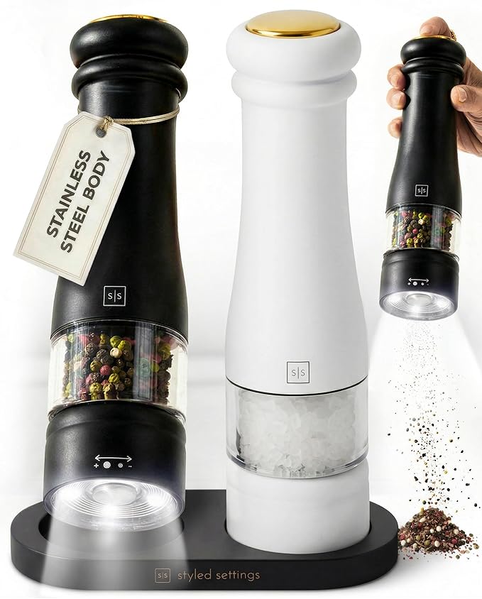 Electric Salt and Pepper Grinder Set - Styled Settings Electric Salt and Pepper Shakers, Automatic Stainless Steel Set with LED Light, Battery Operated, Adjustable Coarseness, Wood Base