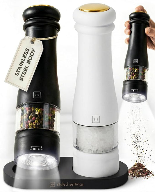 Electric Salt and Pepper Grinder Set - Styled Settings Electric Salt and Pepper Shakers, Automatic Stainless Steel Set with LED Light, Battery Operated, Adjustable Coarseness, Wood Base