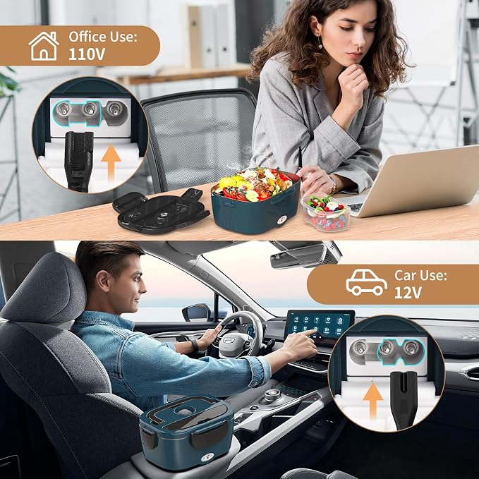Vingud Electric Lunch Box for Adults, Heated Lunch Box for Men Women with Dual 1.5L SS Containers, Portable 80W Food Warmer for Car/Truck, Lonchera Eléctrica Portátil Christmas White Elephant Gift
