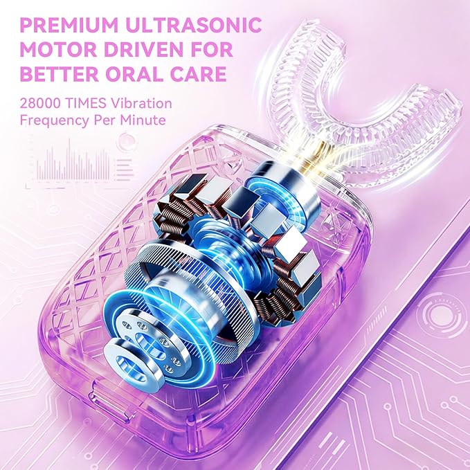 Sonic Electric U Shaped Toothbrush for Adults, Automatic Full Mouth Cleaning Toothbrush, 360° Stain Removal, IPX7 Waterproof Rechargeable, 3 U-Shape & 2 Straight Brush Heads (Pink)