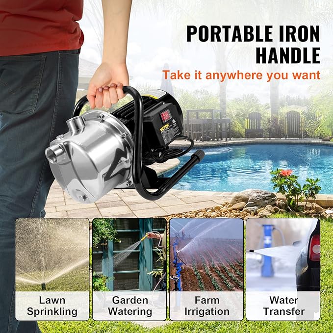 VEVOR Shallow Well Pump, 1.1 HP 115V, 978 GPH 131 ft Height, 40psi Max Pressure, Portable Stainless Steel Sprinkler Booster Jet Pumps for Garden Lawn Irrigation system, Lake Fountain, Water Transfer