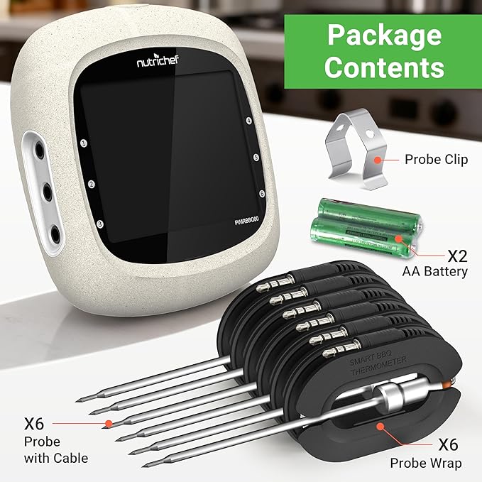 Nutrichef Bluetooth Meat Thermometer for Grilling and Smoking with 6 Wireless Meat Probes, 6 Channels with LCD Display