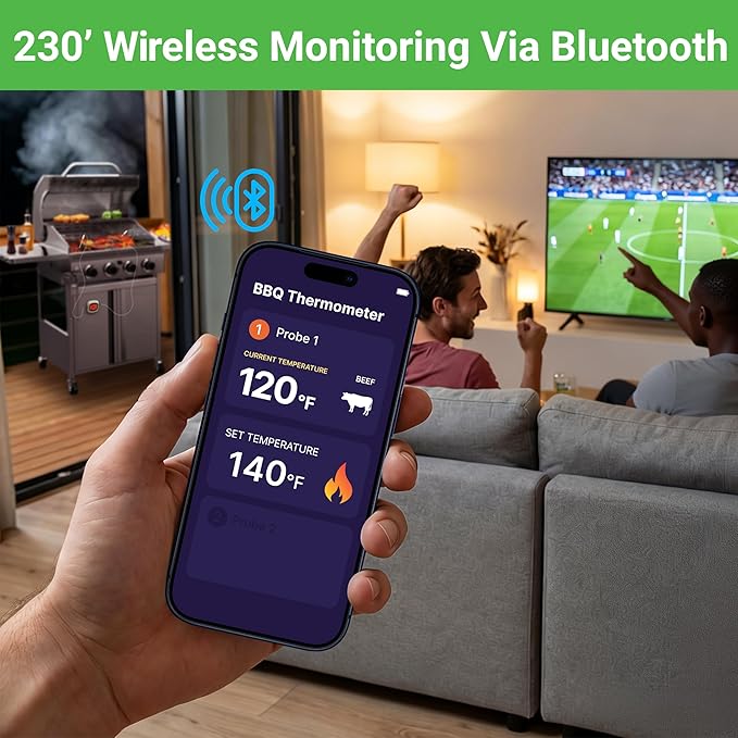 Nutrichef Bluetooth Meat Thermometer for Grilling and Smoking with 6 Wireless Meat Probes, 6 Channels with LCD Display