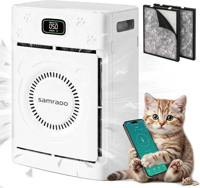 Pet Hair Air Purifier with Double-Sided Washable H13 HEPA Filters for Home Large Room up to 2500 Sq Ft, Air Cleaners for Hair Dander Odor Smoke, App Control, White