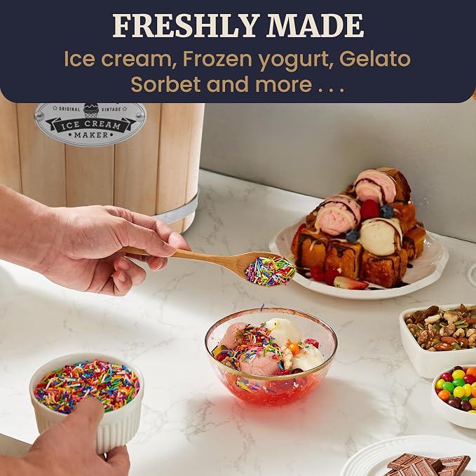 Elite Gourmet EIM924LX 4Qt Old Fashioned Vintage Appalachian Wood Bucket Electric Ice Cream Maker Machine with Leak-Proof Liner, Uses Ice and Rock Salt Churns Ice Cream in Minutes, Cream