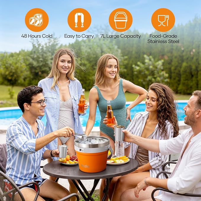 BUZIO 7 L Ice Bucket with Lid, Scoop, Tongs & Metal Stainless Steel 14 oz Cups, Keep Cold for 48 Hrs, Double Wall Vacuum Insulated Large Beer Bucket for Parties Cocktail Bar, Orange
