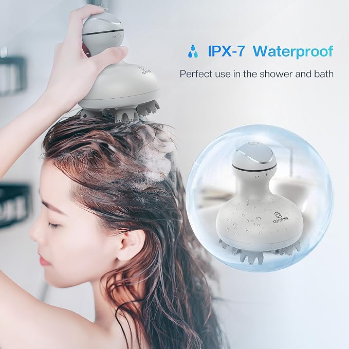 COMFIER Electric Scalp Head Massager with 4 Soft Silicone Massage Heads, Portable Hair Massager for Hair Growth, Relieve Stress, Head Scratcher for Deep Relaxation, Dog Cat Massager, Gray