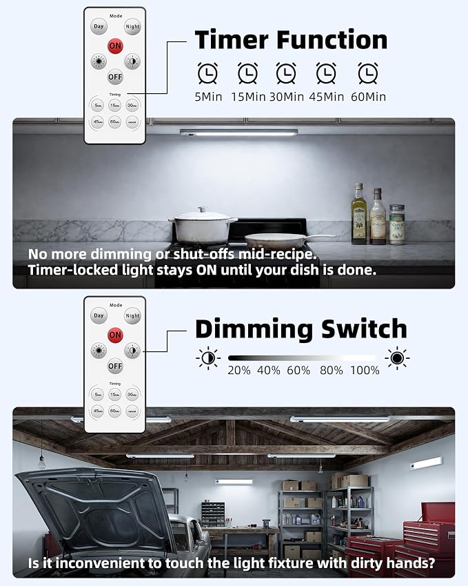 EZVALO 2 Pack Under Cabinet Lights, 14.5'' Magnetic Motion Sensor Light, 4000mAh Large Capacity Rechargeable Closet Light, Remote Control Dimmable 5700K Cool White for Kitchen, Stairs, Hallway