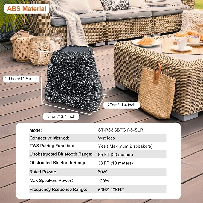 STUDIOFINIX 8" Outdoor Rock Speaker Waterproof Bluetooth Wireless Solar Powered with Rechargeable Battery for Patio, Deck, Pool, Garden(Single, Gray)