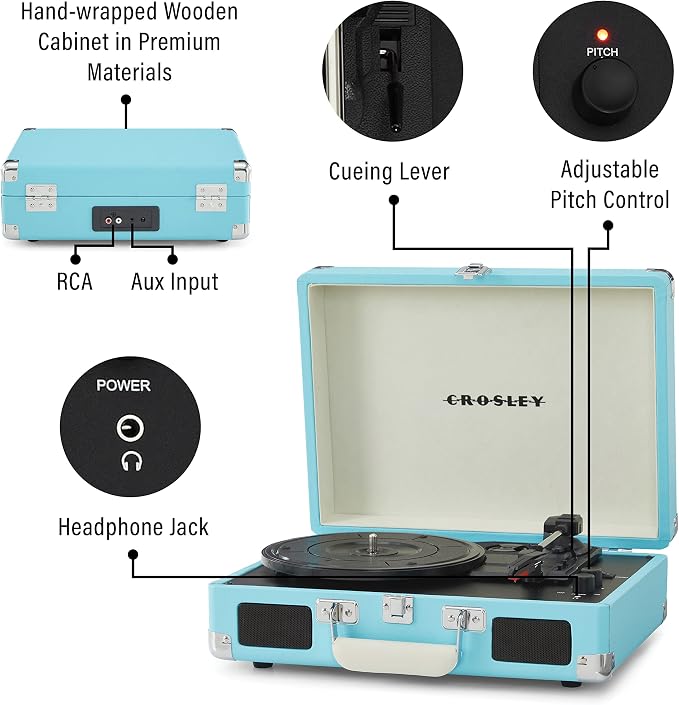 Crosley CR8005F-TU Cruiser Plus Vintage 3-Speed Bluetooth in/Out Suitcase Vinyl Record Player Turntable, Turquoise/White