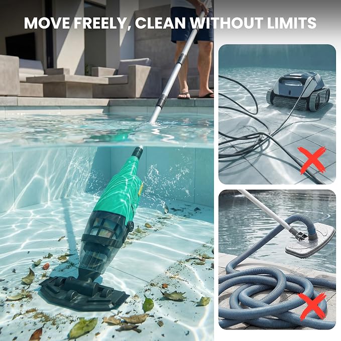 Cordless Pool Vacuum for Above Ground & Hot Tubs, Powerful Suction for Leaves, Sand & Debris, 18GPM