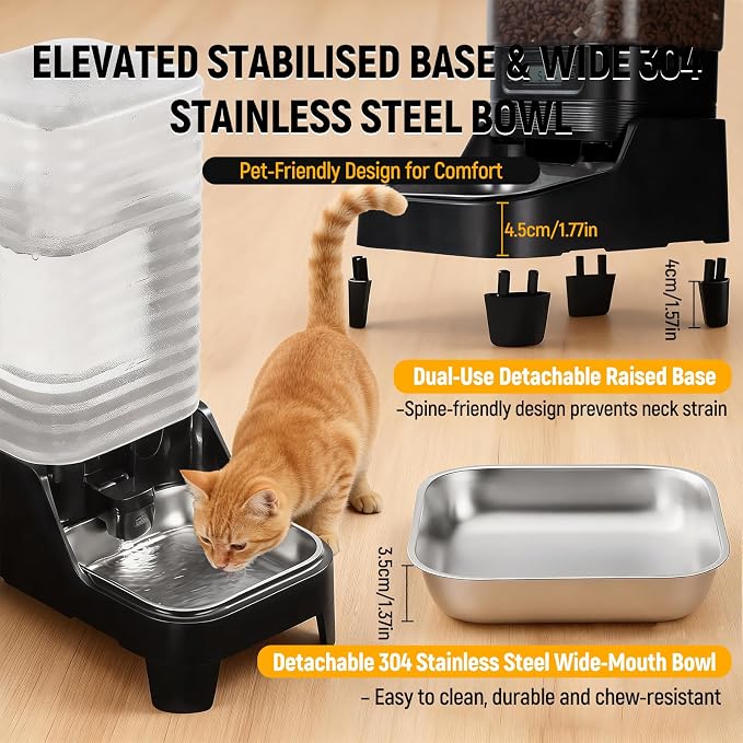 Marchul 7L Automatic Cat Feeder and 8L Automatic Gravity Pet Water Dispenser with Patented Faucet, Stainless Steel Bowl, Adjustable Elevated Base, Battery Operated, Timed Feeder
