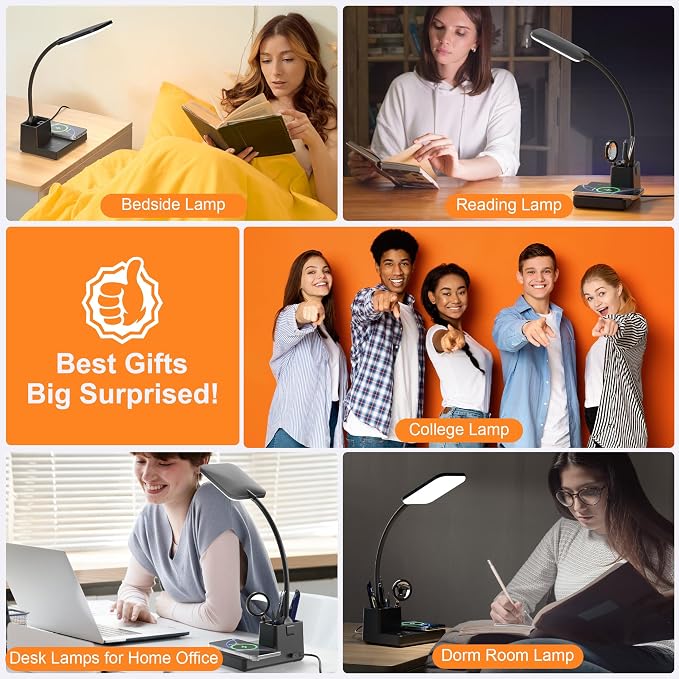 Desk Lamp, Table Lamp with Wireless Charger & USB Port, 800LM CRI95 3 Color Modes Dimmable Touch Flexible Arm Pen Holder, LED Desk Lamps for Home Office, College Dorm Room, Adapter Included