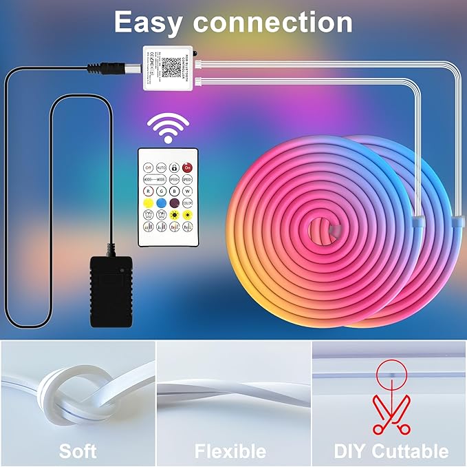 Cozylady RGB Neon Light LED Rope Light,Waterproof Bluetooth APP Remote Control Music Sync Strip Light,24V Flexible DIY Silicone Light for Bedroom Home Indoor Outdoor Decoration(30m/100ft)