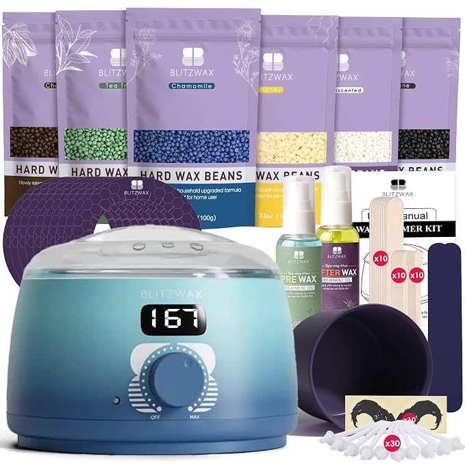 BLITZWAX Back and Nose Waxing Kit for Men, Hard Wax Warmer for Brazilian, Body and Face, At Home Hair Removal Kit, Beginner Friendly, Quick Heating, 93 Accessories, Blue Waves