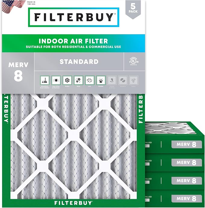 Filterbuy 24x30x2 Air Filter MERV 8 Essential Dust & Allergy Defense (5-Pack), Electrostatic Pleated HVAC AC Furnace Filters Replacement, Made in USA (Actual Size: 23.50 x 29.50 x 1.75)
