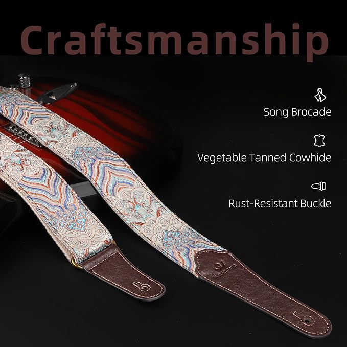 Guitar Strap, Electric& Acoustic Bass Guitar Straps,Embroidered Filament with Head Cowhide Leather Strap, with Free Strap Button,2 Guitar Strap Locks，4Guitar Pick (Blue Water Pattern)