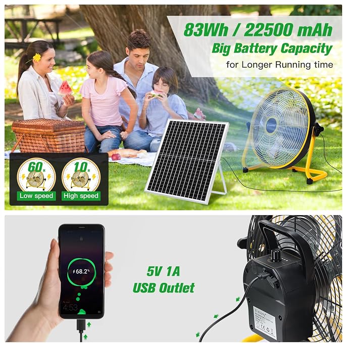 blessny 12" Solar Rechargeable Floor Fan with 35W Solar Panel for Home Outdoor Camping Gazebo Greenhouse Barn Poultry Pet House Cooling or Air Circulation, 23 Ft Long Cord