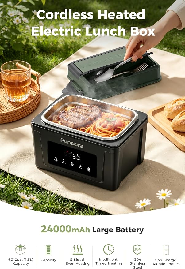 Cordless Heated Lunch Box 1.5L Electric Lunch Box 24000mAh Battery 60W Fast Heating 5-Sided Heating Smart Timer Self Heating Food Warmer Portable for Work Travel Truck Outdoor
