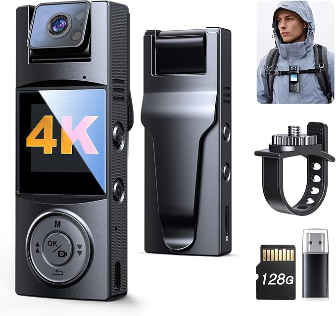 BOBLOV Body Camera with 180°Rotatable Lens, 4K/48MP Small Body Camera, Night Vision Function, Easy to Use and Take for Lecture, Traveling, Pet Walking and Outdoors Activities (4K-128GB)