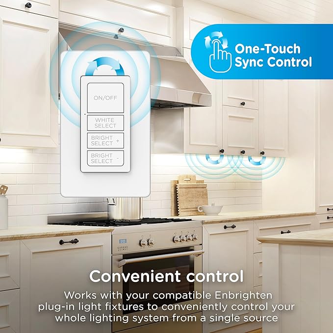 Enbrighten One-Touch Sync Remote Control, Add-on Light Switch for Under Cabinet Lights, Wireless Remote, ON/Off, Dimmable, Color Select Soft White to Bright Daylight, Cabinet Lighting Remote, 81795