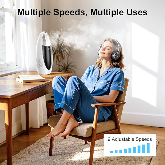 KONSIDEN Bladeless Misting Desk Fan, 13 Inch Rechargeable 3500mAh Quiet Small Personal Table Fan, 9 Speeds & 9H Timer, 60° Oscillation, 180ml Water Tank & Night Light for Bedroom Office Home Outdoor