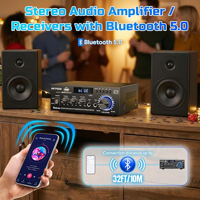 AK45 Bluetooth Stereo Receiver Amplifier,800W Home Audio Amp with FM Radio,USB/SD Inputs Remote Control, Wireless Power Amplifier for Home Theater Speakers,Karaoke,Garage Bookshelf Speakers