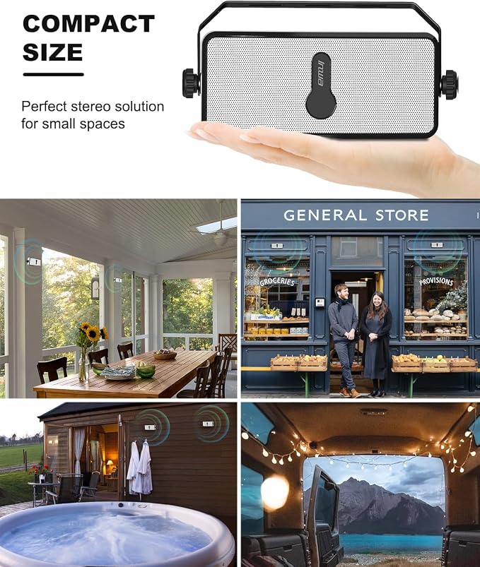 Inwa Bluetooth Outdoor Speaker, IPX5 Waterproof Wall Mount Speaker, Wireless Sync Up to 100 Speakers, Connect Seamlessly to Phone, Computer, Suitable for Patio, Porch, Gazebo, Garage, 2 PCS