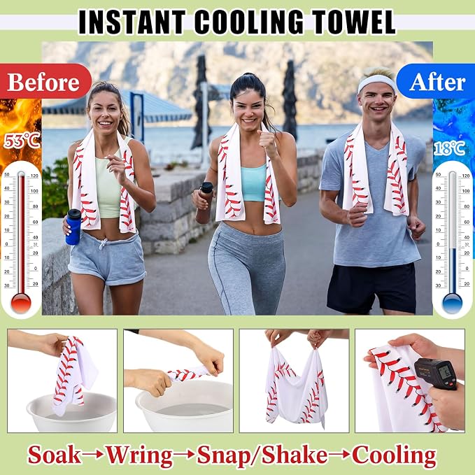 Retisee 24 Pcs Baseball Cooling Towel Mini Portable Fan Set 32 x 12 Inch Workout Towels Handheld Battery Powered Fan Sporting Baseball Gifts for Summer Team Gift Travel Camping Makeup Yoga Running