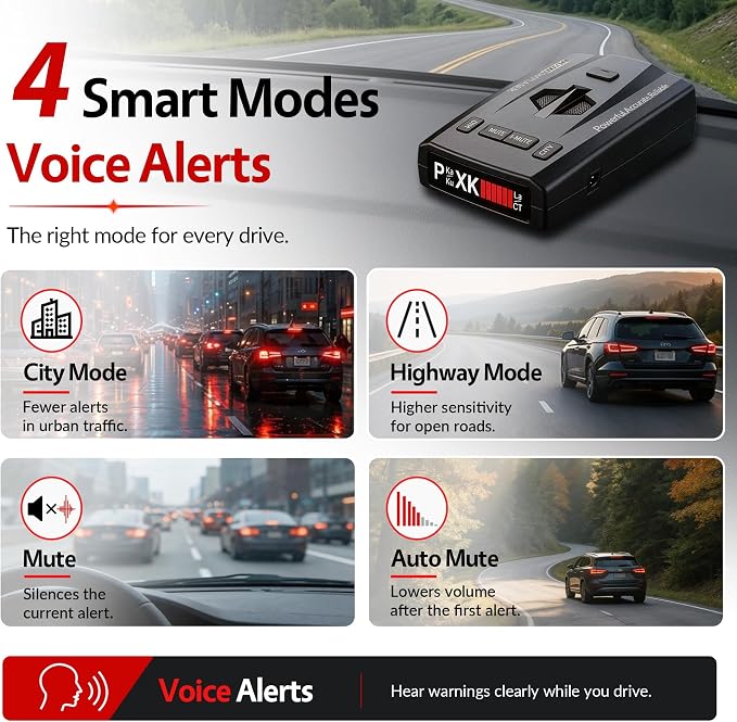 Radar Detector for Cars, Long Range Radar & Laser Detector Up to 1,100 Yards, X/K/Ka/KU/ST/CT Band Detection, DSP False Alert Filtering, Voice Alerts, RDD Stealth Technology, City/Highway Modes