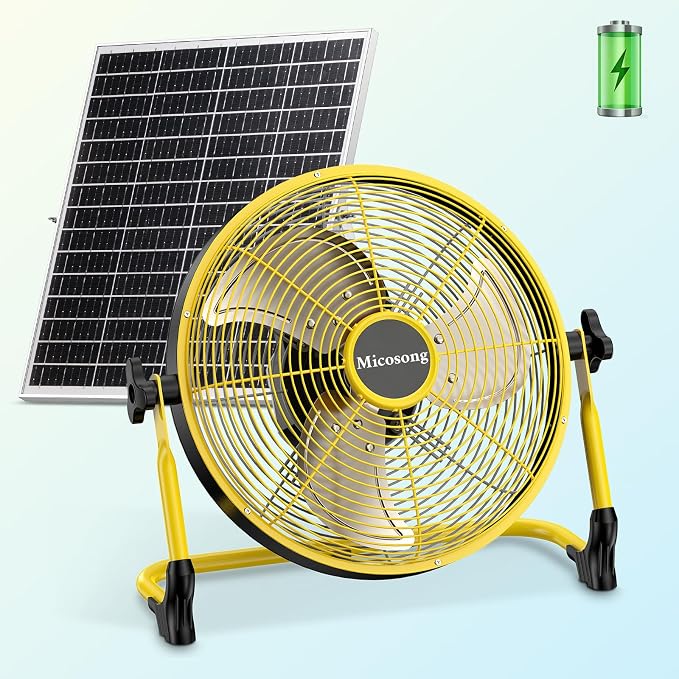 14'' Portable Solar Powered Floor Fan, Cordless Camping Fan Outdoor, Long Lasting Rechargeable Battery Operated Fan, 360° Tilt, USB Output, Wireless, for Home Gazebo Greenhouse Outside Gym