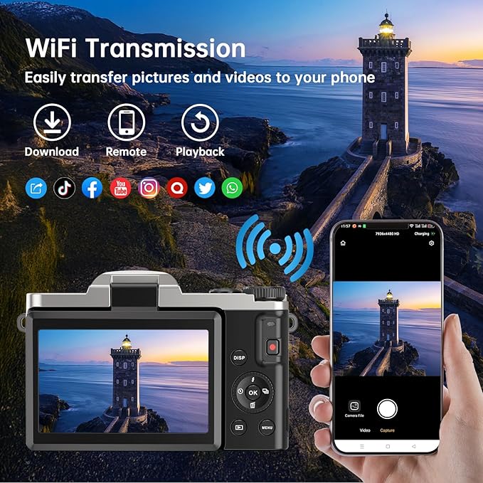 4K Digital Camera for Photography with WiFi 64MP Auto-Focus Vlogging Camera for YouTube Video 3'' 180° Flip Screen 4K Cameras 16X Zoom Anti-Shake Compact Point and Shoot Cameras with SD Card