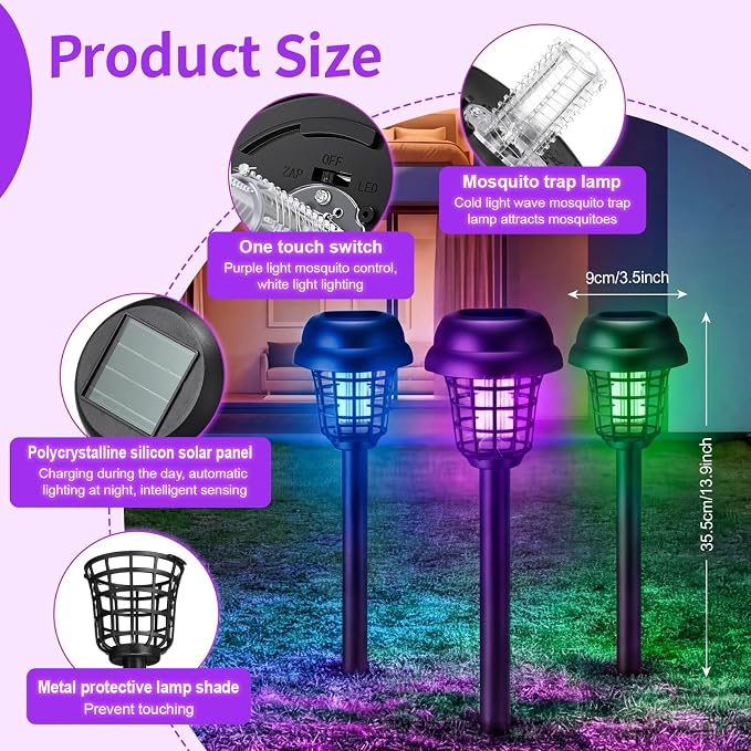 4 Pcs Solar Bug Zapper Outdoor Waterproof Mosquito Repellent Light Solar Power Fly Killer Lamps for Moths, Gnats, Fly, Small Flying Insect Backyard Garden Lawn (Plastic,Purple & Colored Light)