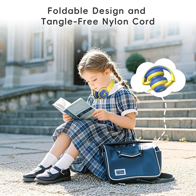 Candy Bila Kids Headphones, Wired Headphones for Kids Over Ear with Microphone, 85/94dB Volume Headphone for Girls Boys, Foldable Headphone for Learning & Entertainment, Light Yellow