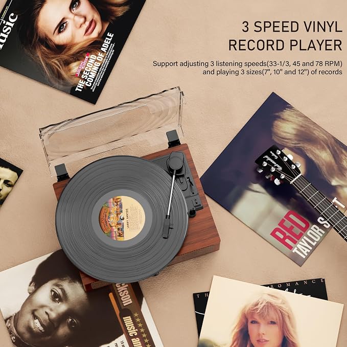 Vintage Wooden Record Player with Bluetooth 3-Speed Belt-Driven Turntable Built-in Speakers, Beginner Friendly Retro Phonograph for Home Decor, for Vinyl Enthusiasts (Walnut Finish)