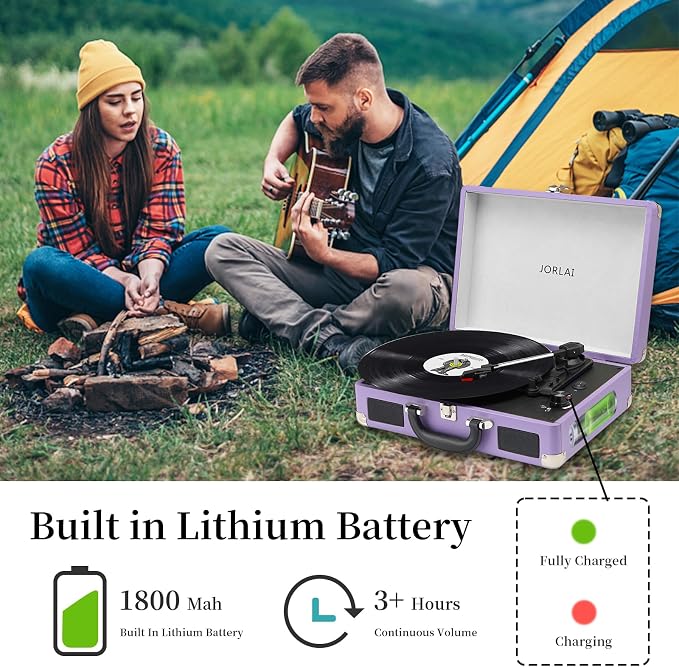 Record Player 3 Speed Vinyl with Bluetooth Vintage Turntable Built in Battery Portable Suitcase Support Aux in RCA Line Out Headphone Jack Purple
