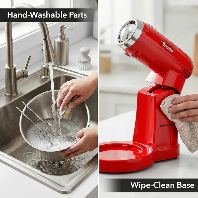OVENTE Electric Stand Mixer with 3.5 Quarts Stainless Steel Mixing Bowl, 5 Speed Portable and Lightweight 250W Kitchen Mixer for Everyday Use, Includes 2 Egg Beater Whisk and Dough Hook, Red SM680R