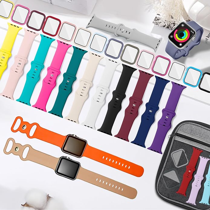 18 Pack Sport Band Compatible with Apple Watch Bands 40mm 41mm 42mm 44mm 45mm 46mm for Women Men,Silicone iWatch Bands with Screen Protector Case for iWatch 10 9 8 7 6 5 4 SE (Select the Right Size)