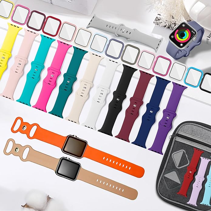 18 Pack Sport Band Compatible with Apple Watch Bands 40mm 41mm 42mm 44mm 45mm 46mm for Women Men,Silicone iWatch Bands with Screen Protector Case for iWatch 10 9 8 7 6 5 4 SE (Select the Right Size)