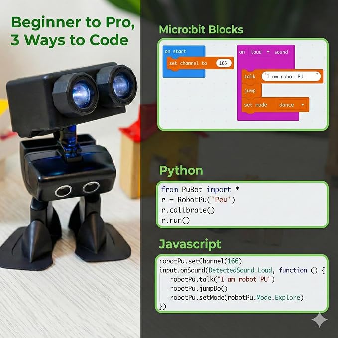 Robot PU – Adorable Micro:bit Humanoid | STEM Toy | Programmable, Interactive & Upgradable | Walks, Dances, Talks & Sings | Self-Balancing | Remote & Autopilot | 30+ Free Online Classes