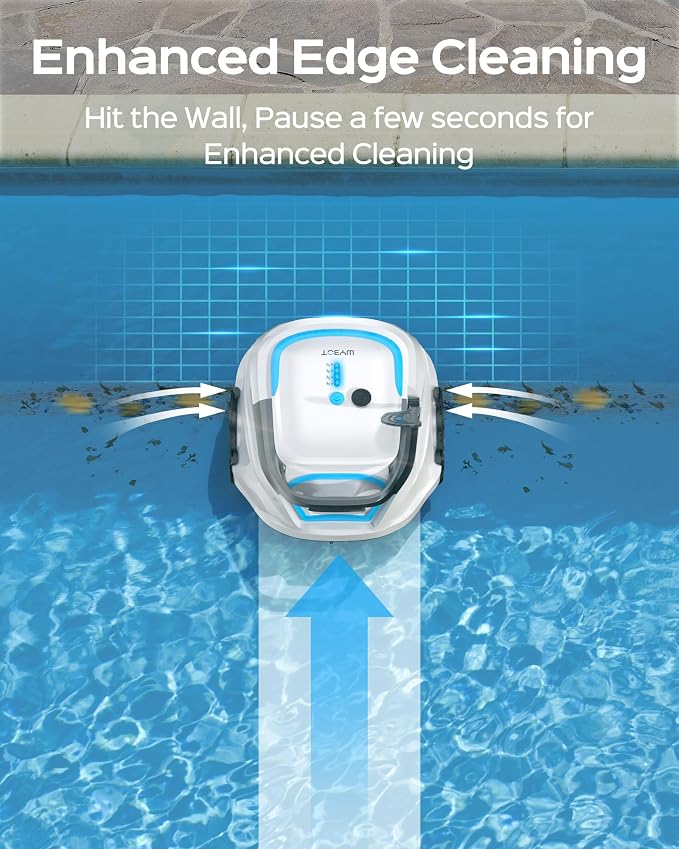 WYBOT A1 Robotic Pool Cleaner – Dual Layer Filtration, Strong Suction, 130 Mins Runtime, Robot Pool Vacuum for Above Ground & Flat Pools up to 1,100 Sq. Ft., 4 Cleaning Modes,White with Blue Accents