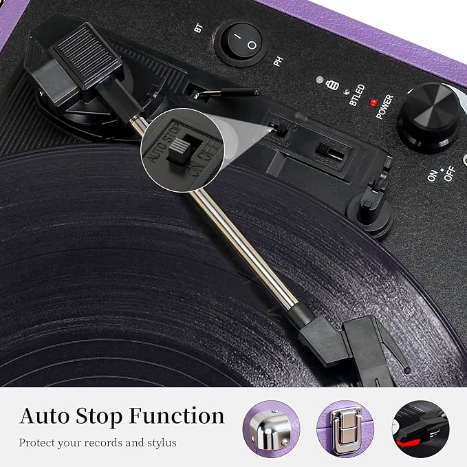 Record Player 3 Speed Vinyl with Bluetooth Vintage Turntable Built in Battery Portable Suitcase Support Aux in RCA Line Out Headphone Jack Purple