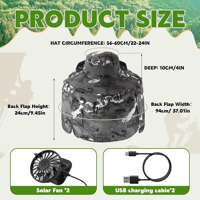 3 Pcs Solar Fan Hat with Arm Sleeves Neck Gaiter Wide Brim Sun Hat Solar Powered USB Charging for Men Women