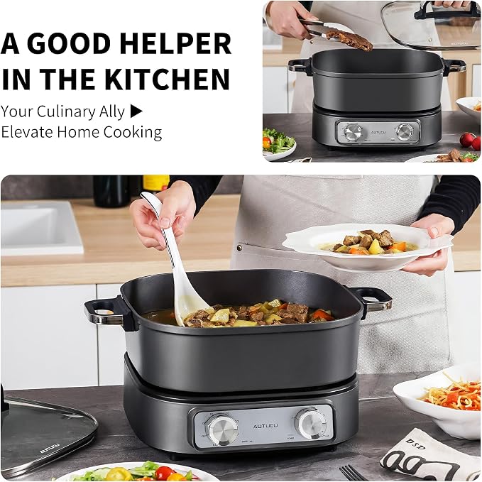 6-Quart Electric Skillet, Hot Pot | Non-Stick PFOA-Free Ceramic-Coated Pot, 1600W, Timer & 3 Power Settings for Steak, Egg, Ramen, Nonstick Pot