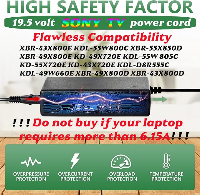 19.5 Volt for Sony tv Power Cord KDL-55W805C, KD-55X720E, KDL-55W800C, XBR-43X800E, XBR-43X800D, XBR-49X800E, XBR-49X800D, XBR-55X850D, and KD-43X720E TV Power Supplies Perfect Replacement to